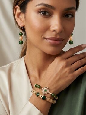 Artisan Green & Yellow Jade Bead Bracelet & Earring 3 piece set